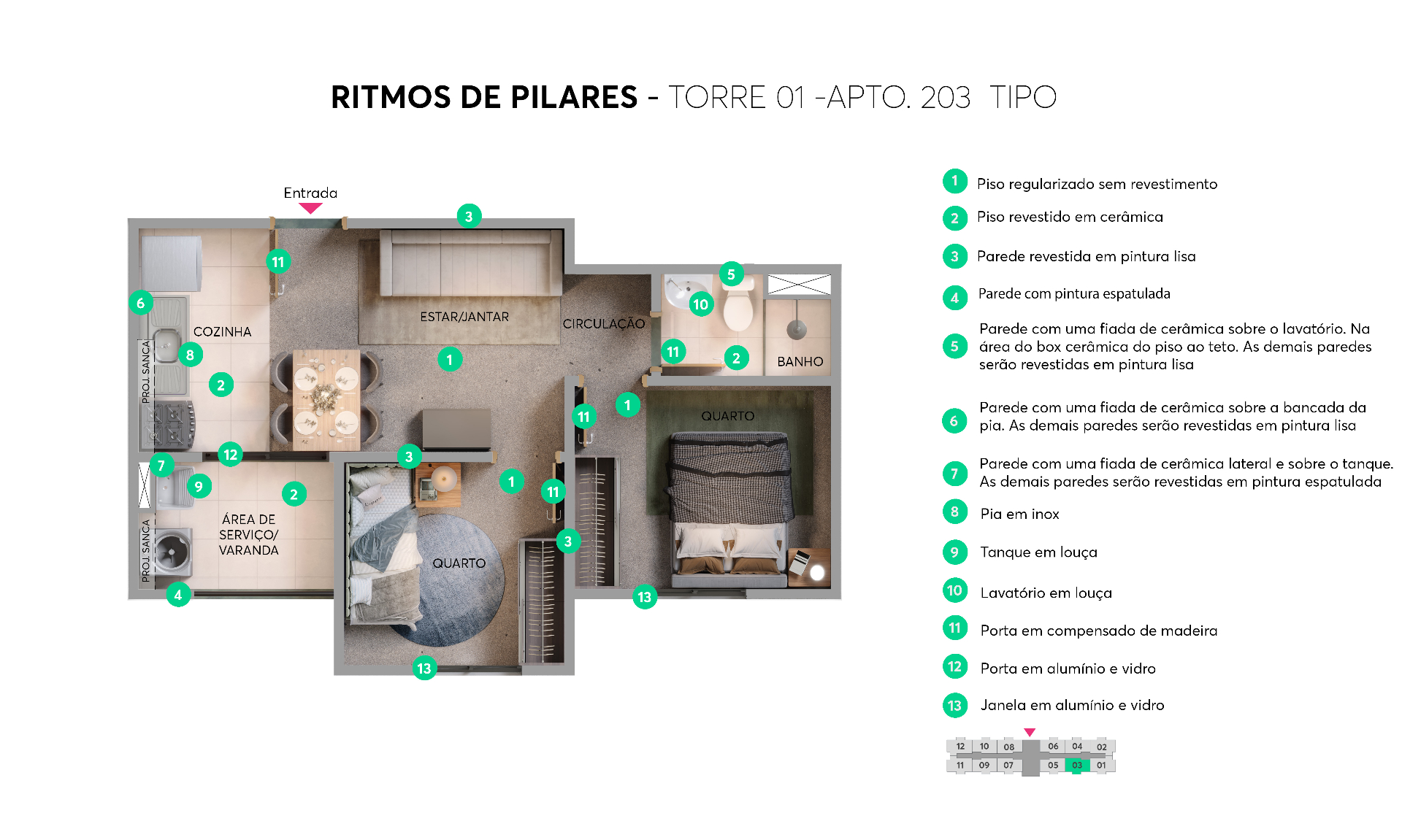 Planta 2 quartos com varanda — apto 203 tipo