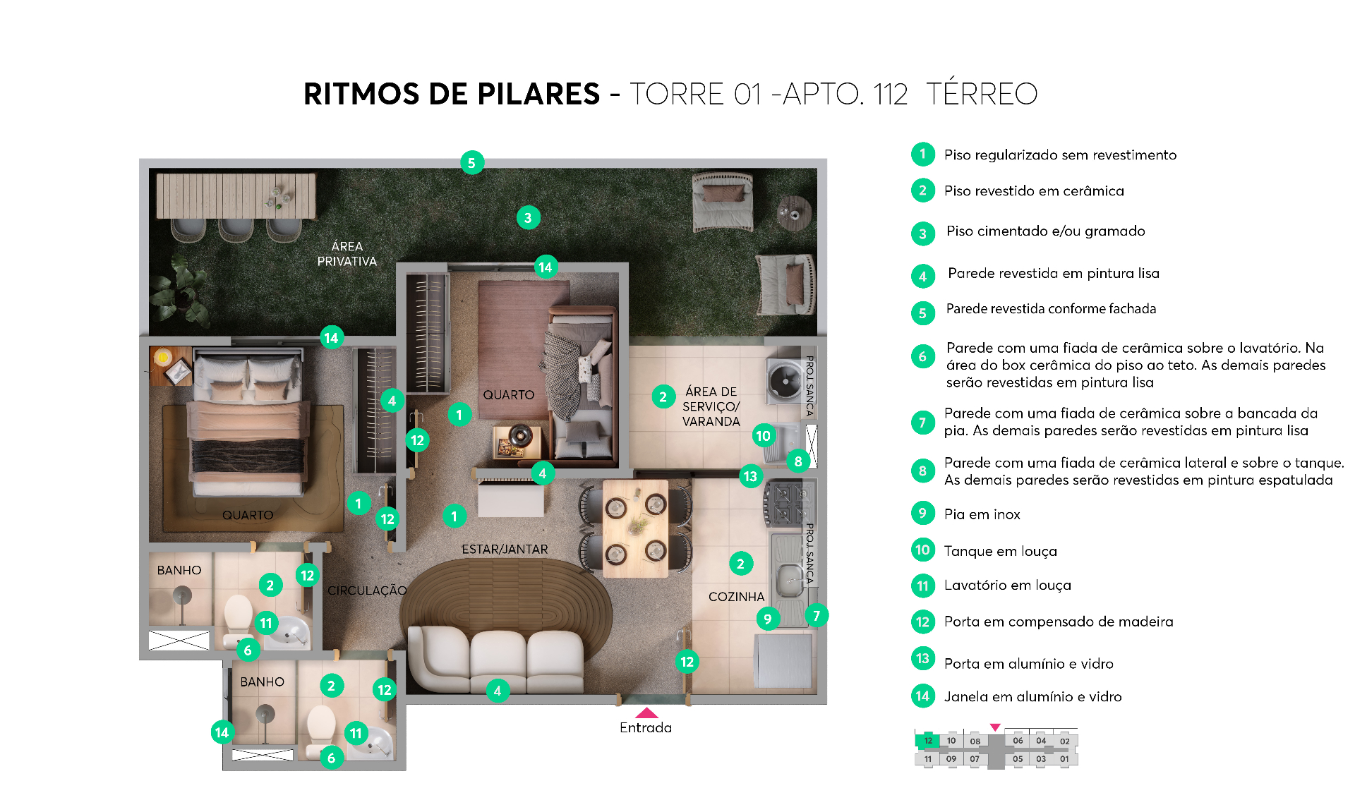 Planta 2 quartos com suíte e área privativa garden — apto 112 térreo